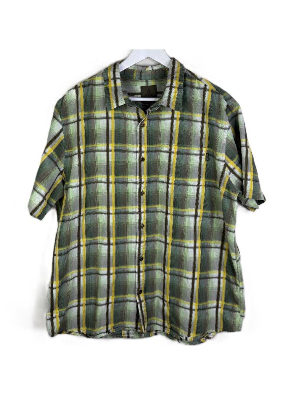 Prana Men's Green Plaid Short Sleeve Button-Up Shirt, Size XL